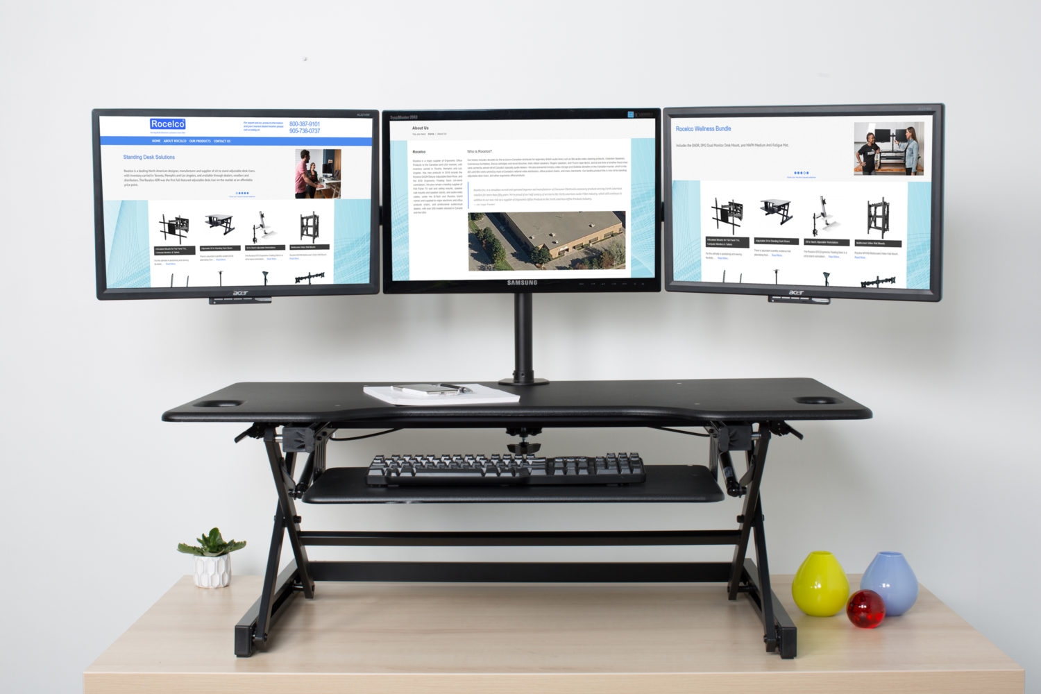 R DADRB-46-DM3 Rocelco 46 Large Height Adjustable Standing Desk Converter with Triple Monitor Mount Bundle Retractable Keyboard Tray Black Quick Sit Stand Up Computer Workstation Riser 